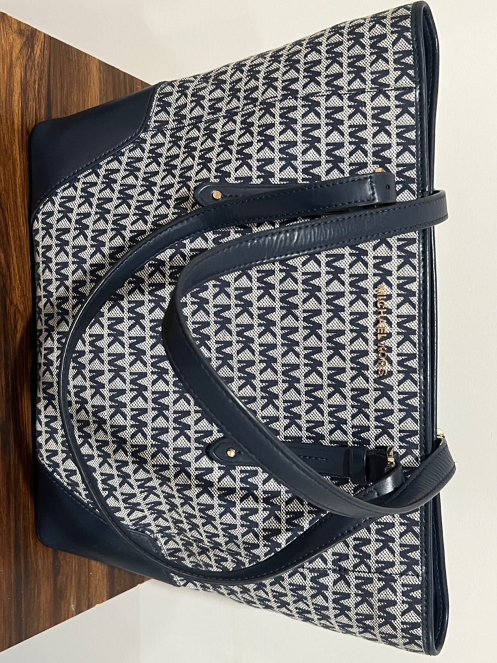 Michael Kors Aria LG Tote Bag Navy Signature MK Monogram Large Shoulder Bag - Picture 2 of 12